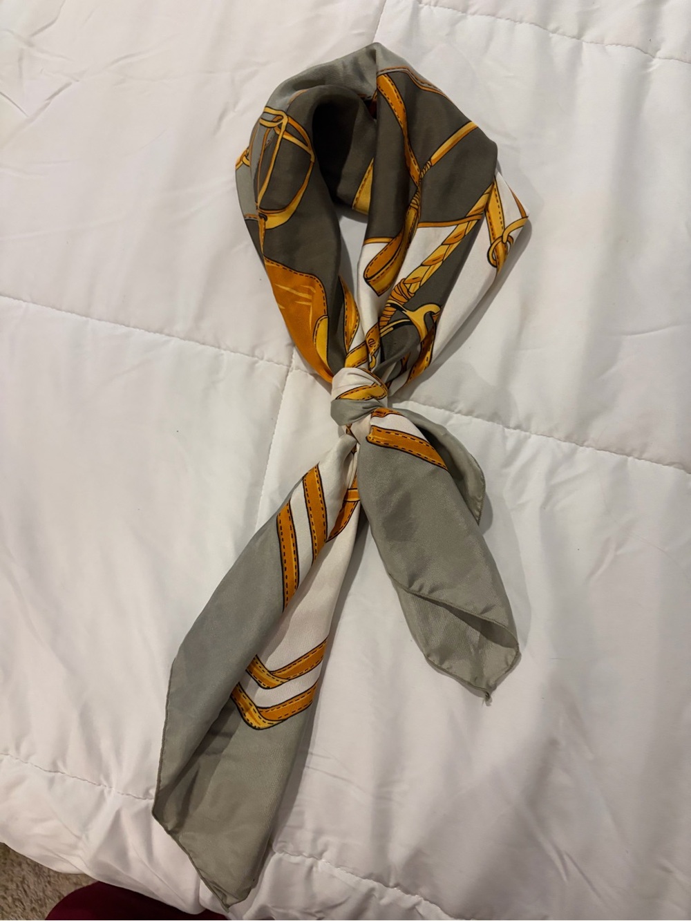 Equestrian Print Satin Scarf in Mustard Yellow, Gray, Cream - Picture 2 of 3